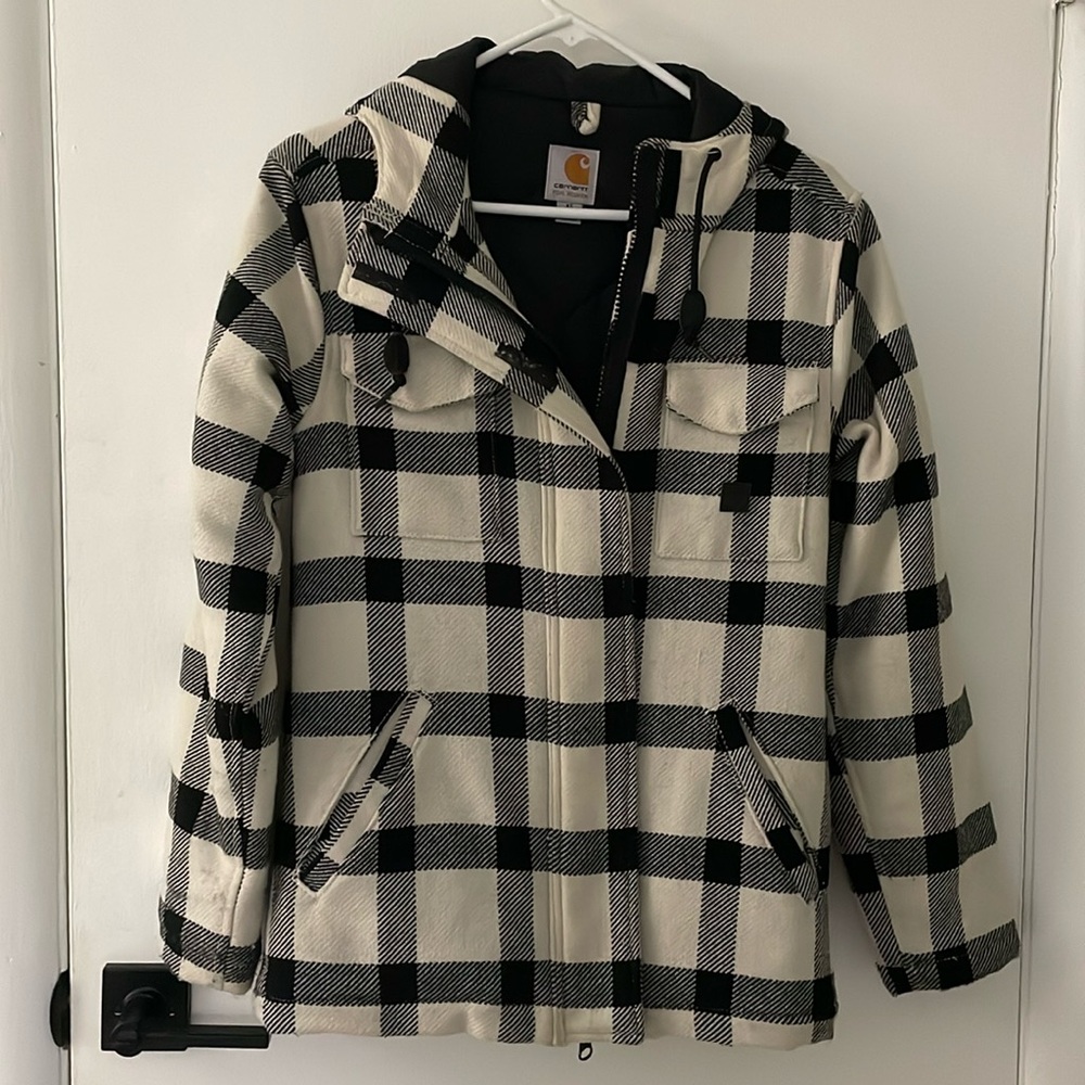 Carhartt women’s jacket black and white plaid zipper pockets XS
